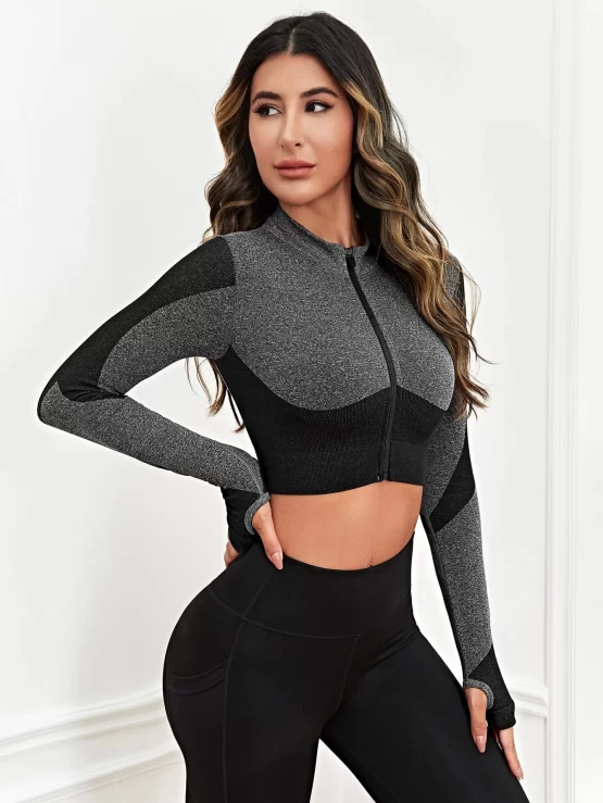 Seamless Thumbholes Color Block Sports Jacket - Image 3