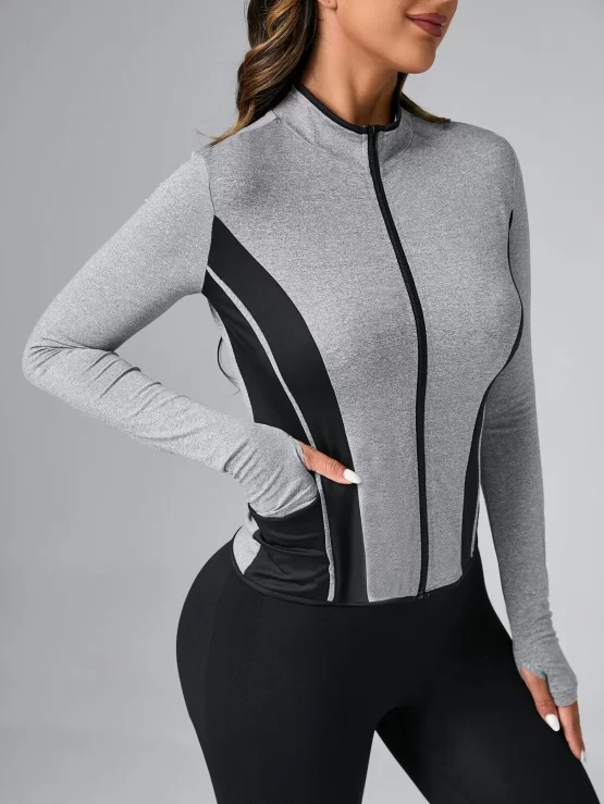 Color Block Pocket Zipper Up Sports Jacket - Image 2
