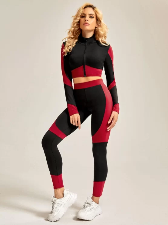 Seamless High Stretch Color Block Sports Jacket & Leggings - Image 3