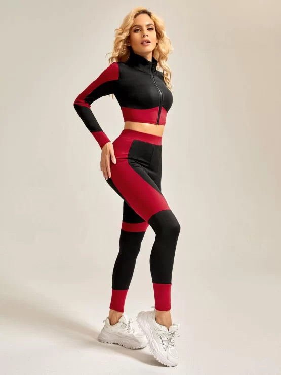 Seamless High Stretch Color Block Sports Jacket & Leggings - Image 2