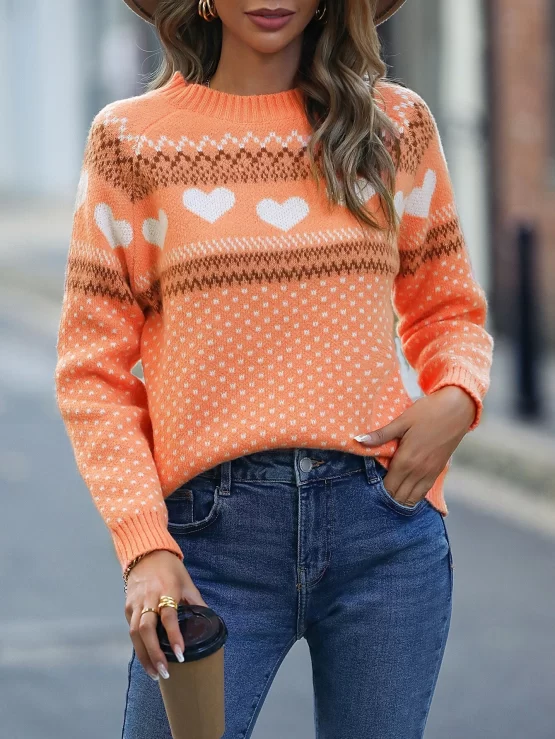 Heart Pattern Pullovers Raglan Sleeve Sweater - Image 3