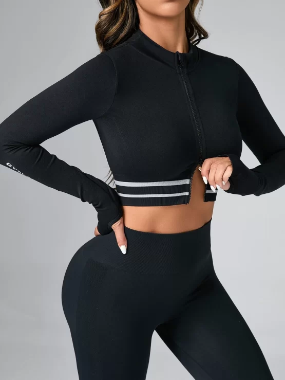 Seamless Striped & Letter Graphic Zipper Sports Jacket - Image 3