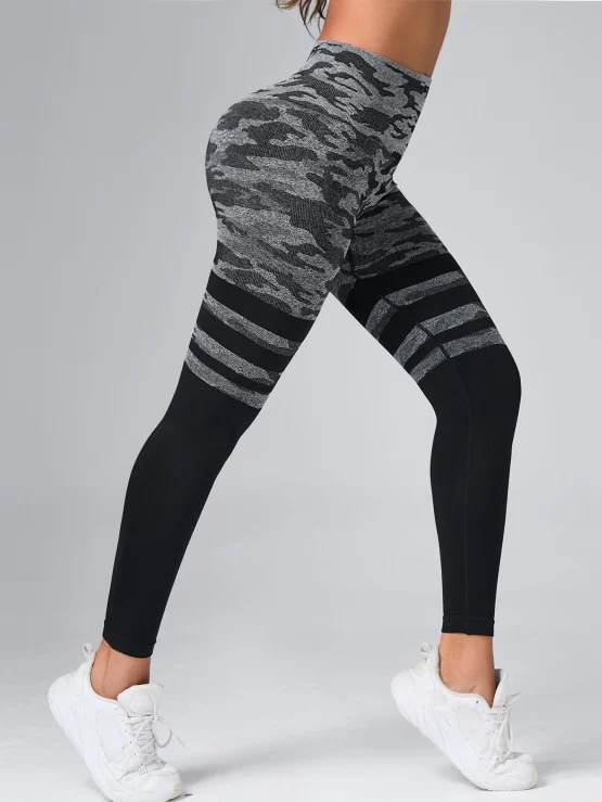Camo & Striped Print Tummy Control Sports Leggings - Image 4