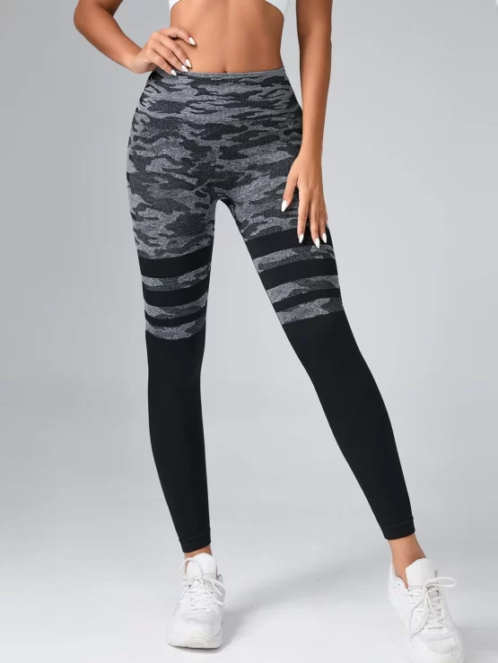 Camo & Striped Print Tummy Control Sports Leggings - Image 5