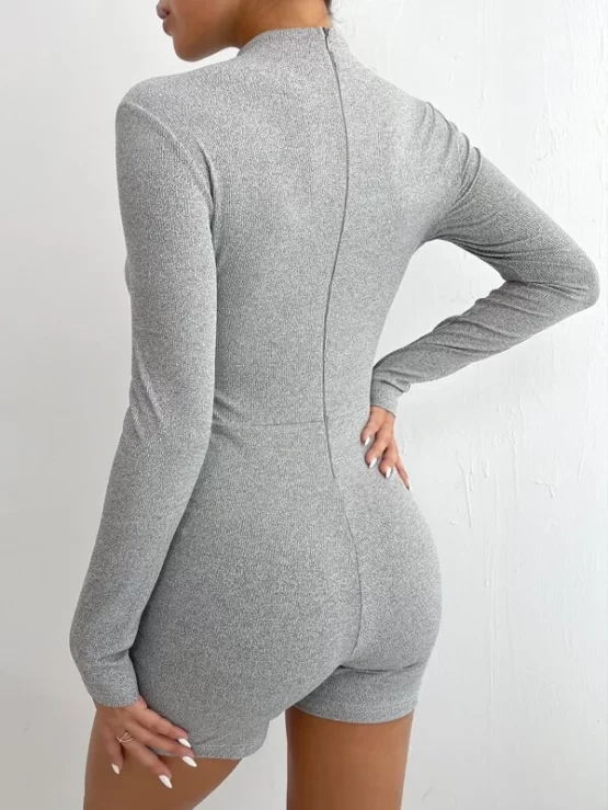 Solid Mock Rib Knit Neck Unitard Romper - Image 3