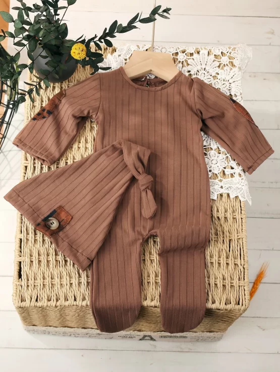 Newborn Photography Plaid Pocket Patched Footed Cami Jumpsuit & Hat - Image 2