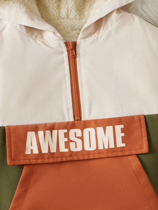 Toddler Boys Letter Graphic Color Block Half Zip Teddy Lined Hooded Jacket - Image 2