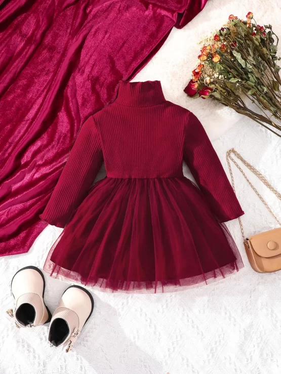 Baby High Neck Lettuce Trim Contrast Mesh Dress - Image 3