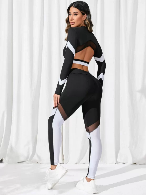 Contrast Panel Crop Sports Tee & Mesh Insert Leggings - Image 2