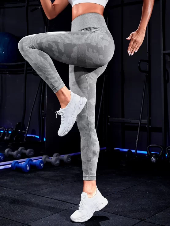 Seamless Camo Print Wideband Waist Sports Leggings - Image 3