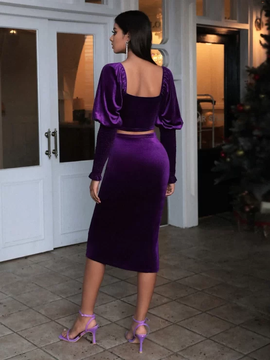Solid Flannelette Sweetheart Top & Split Thigh Skirt - Image 2