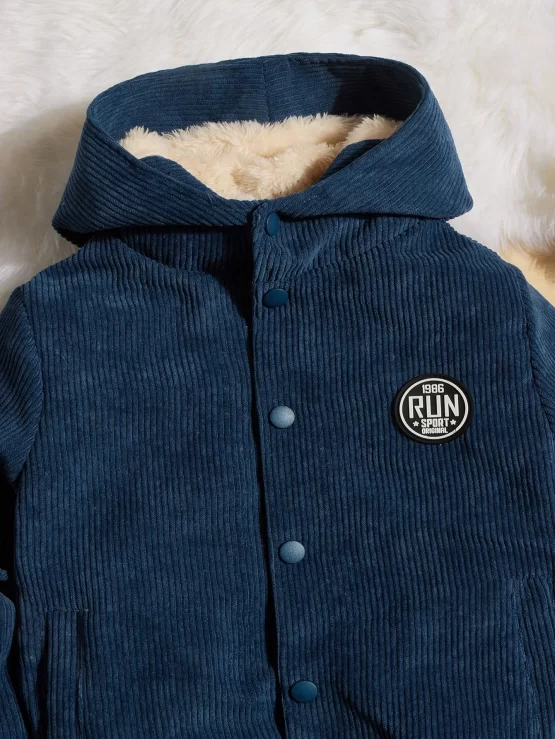 Toddler Boys Patched Detail Teddy Lined Corduroy Hooded Jacket - Image 2