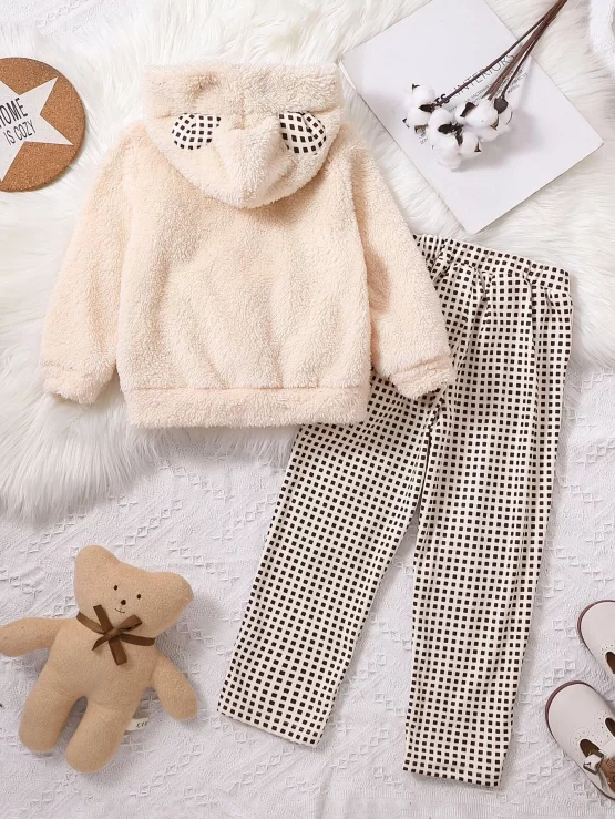 Toddler Boys 3D Ear Patched Kangaroo Pocket Teddy Hoodie & Gingham Pants - Image 2