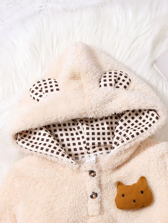 Toddler Boys 3D Ear Patched Kangaroo Pocket Teddy Hoodie & Gingham Pants - Image 3