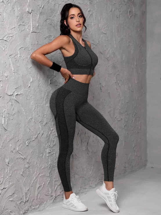 Seamless Zipper Contrast Panel Sports Set - Image 3