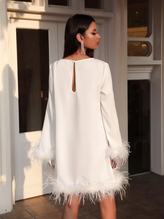 Fuzzy Contrast Faux Fur Tunic Trim Dress - Image 2