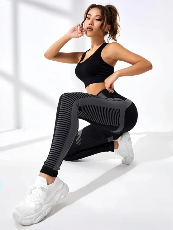 Striped Print Tummy Control Sports Leggings - Image 2