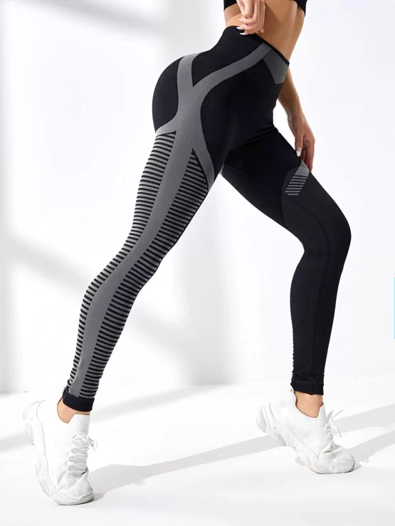 Striped Print Tummy Control Sports Leggings - Image 3