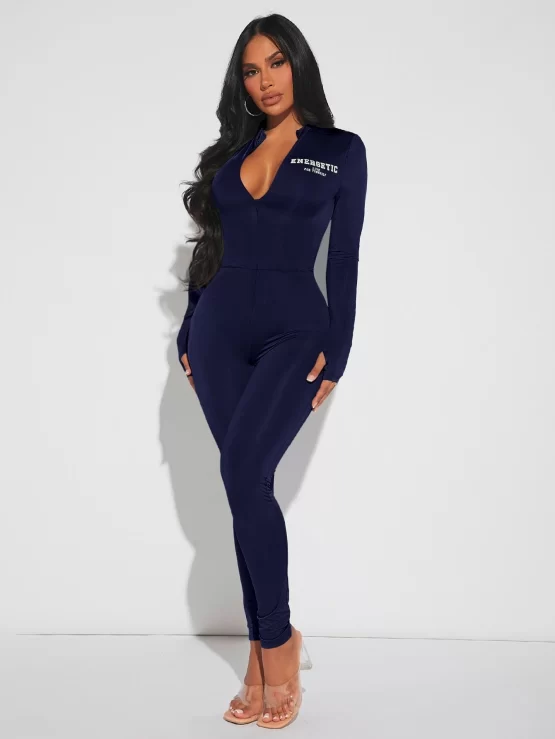 Letter Graphic Zipper Unitard Front Jumpsuit - Image 3