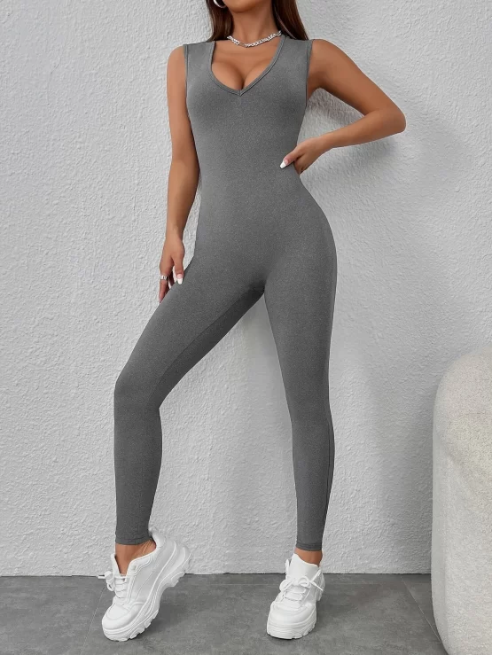 Solid Plunging Neck Unitard Skinny Jumpsuit