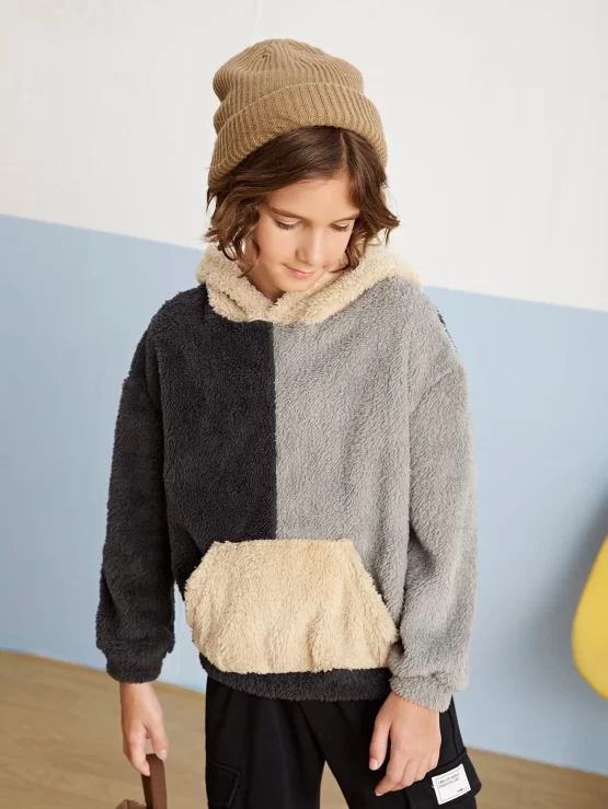 Boys Color Block Kangaroo Pocket Teddy Hoodie