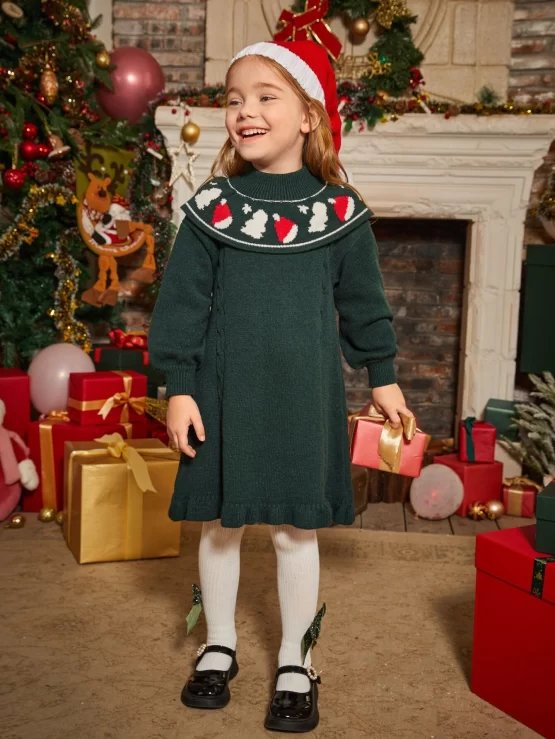 Toddler Girls Christmas Pattern Mock Neck Ruffle Trim Sweater Dress