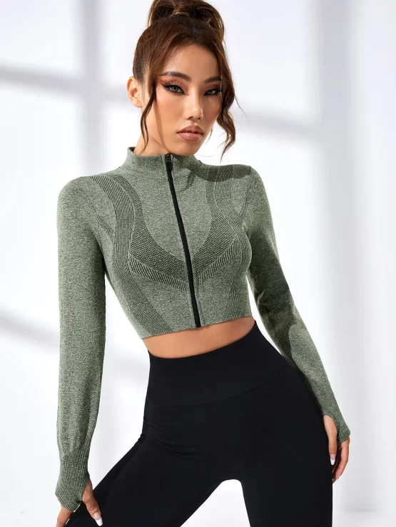 Seamless Plain Crop Zipper Up Sports Jacket