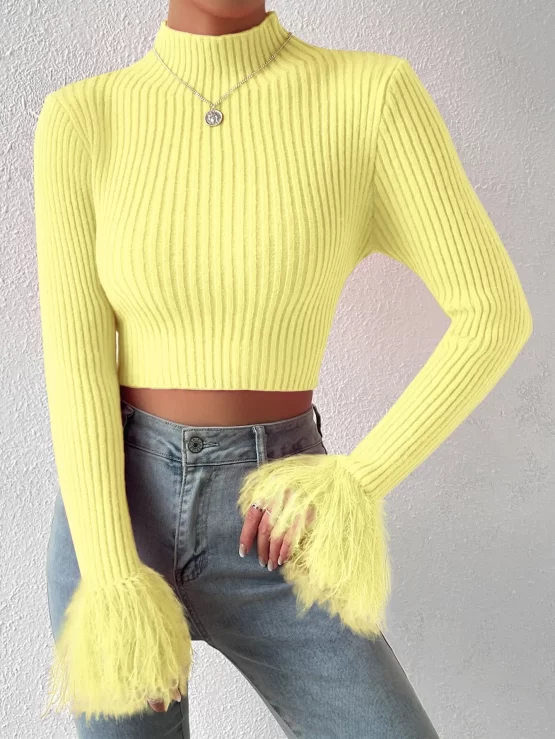 Mock Neck Fuzzy Contrast Faux Fur Cuff Crop Sweater