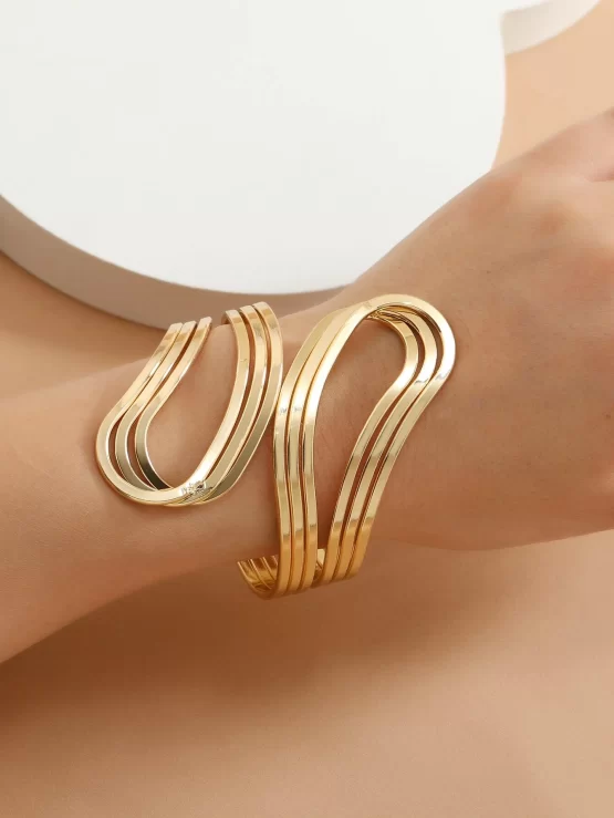 Solid Fashionable Yellow Gold Layered Cuff Bangle