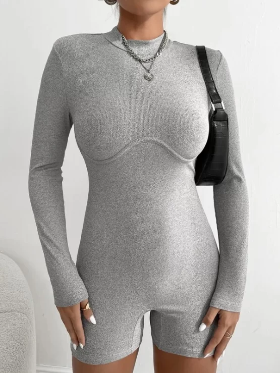 Solid Mock Rib Knit Neck Unitard Romper