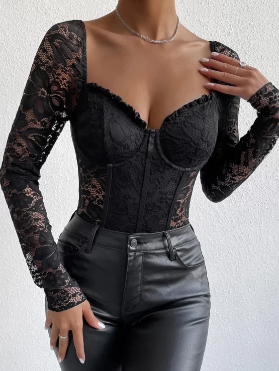 Sweetheart Neck Frill Trim Lace Bodysuit