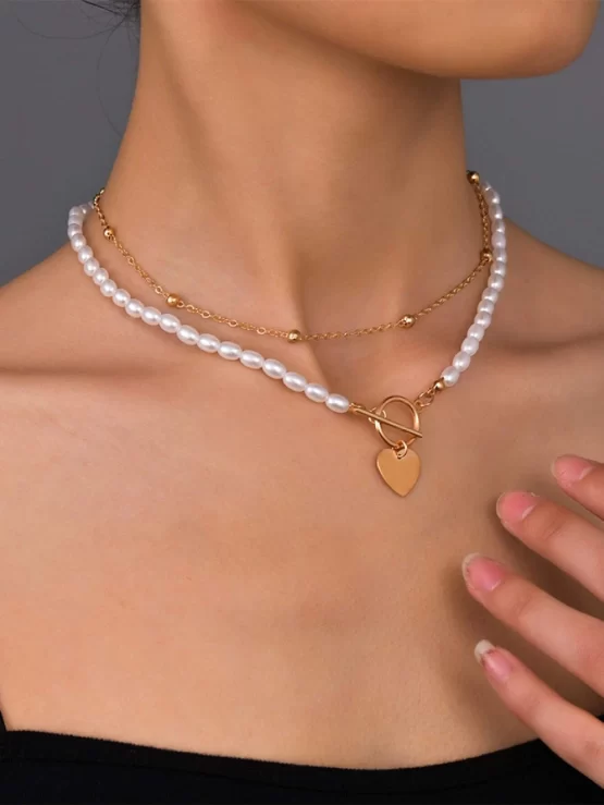 Two Pieces Heart Charm Faux Pearls Beaded Necklace