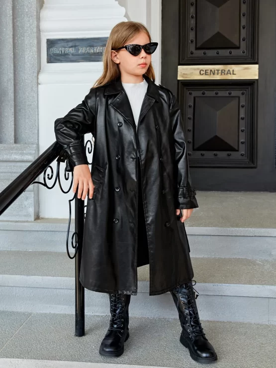 Girls Double Breasted Belted PU Leather Trench Coat