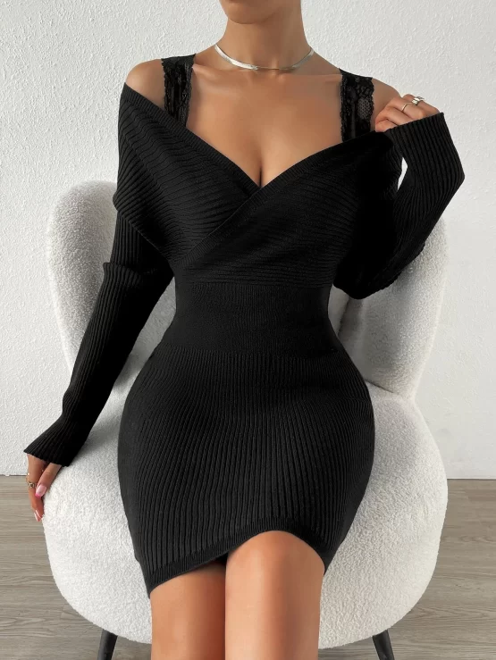 Lace Strap Cold Shoulder Batwing Sleeve Sweater Dress