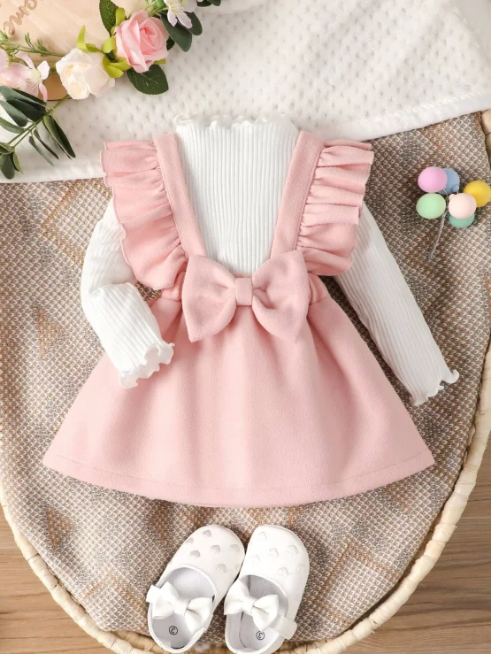 Baby Lettuce Trim Tee & Bow Front Ruffle Trim Overall Dress