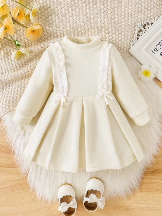Baby Frill Bow Front Mock Neck Collar Dress