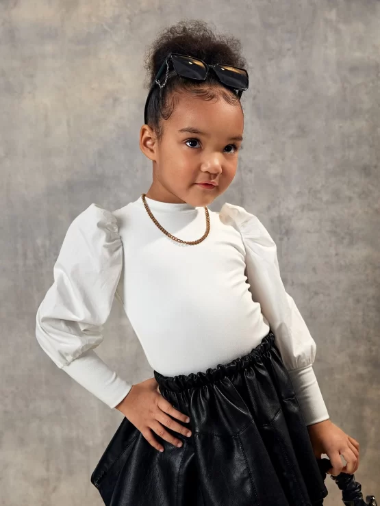 Toddler Girls Mock Neck Puff Sleeve Front Tee