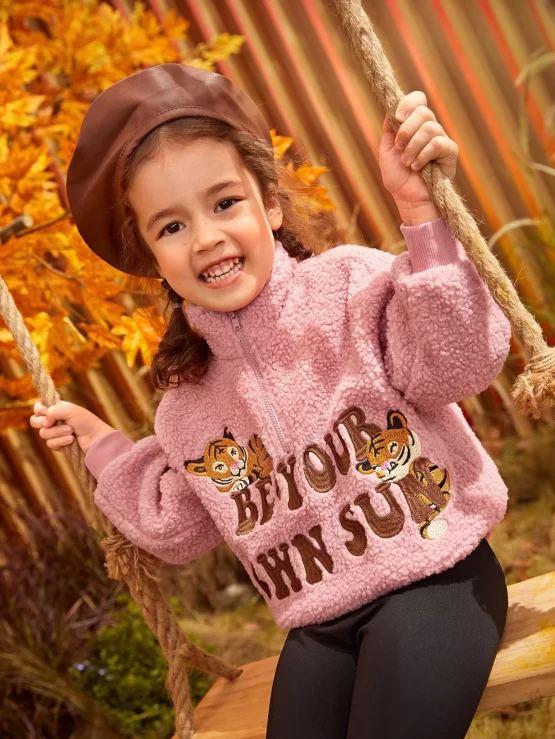 Toddler Girls Letter & Tiger Embroidery Half Zip Detail Sweater