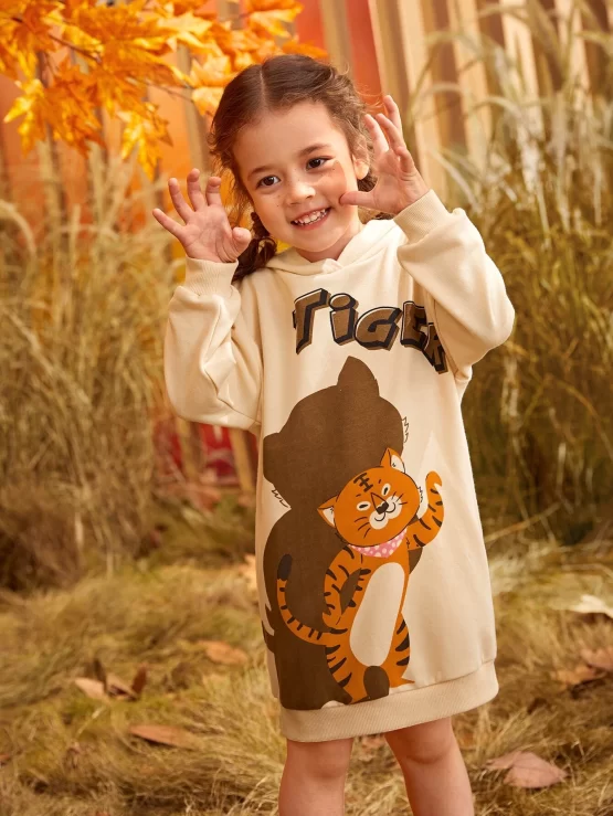 Toddler Girls Letter & Cartoon Graphic Hoodie Drop Shoulder Dress