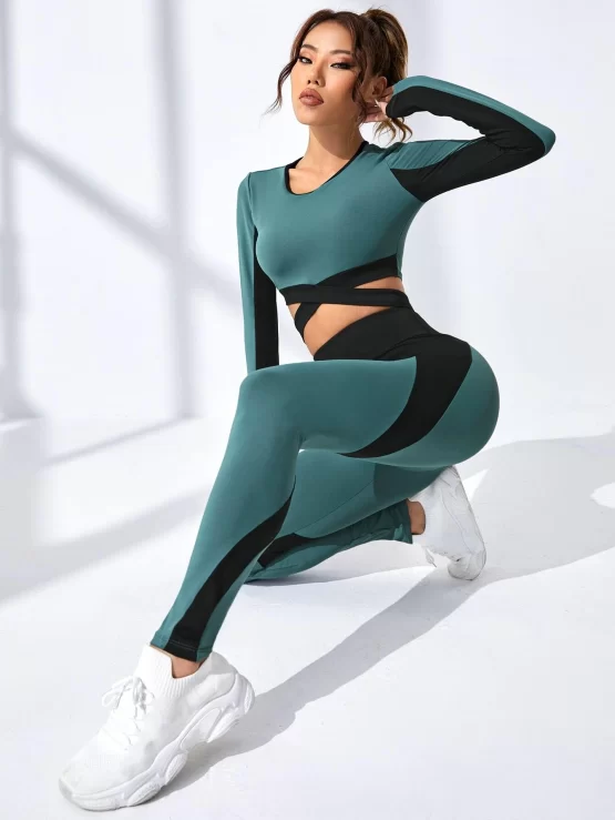 Color Block Criss Cross Wideband Waist Sports Set