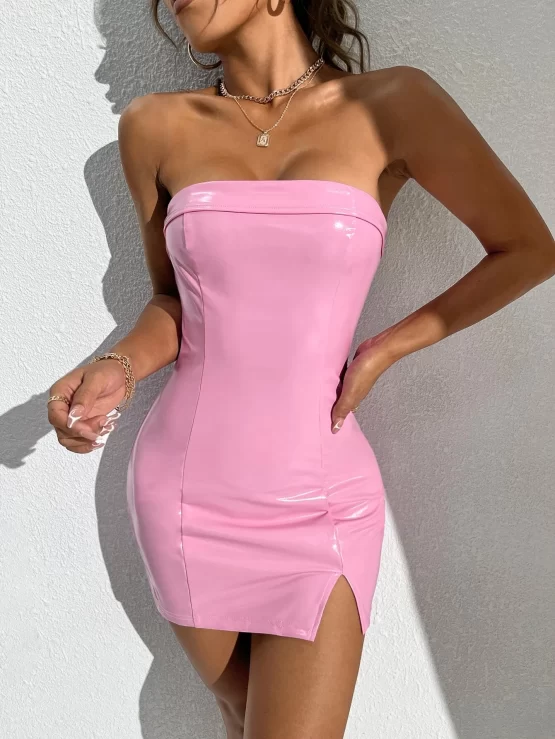 Split Hem Bodycon Zipper PU Back Dress