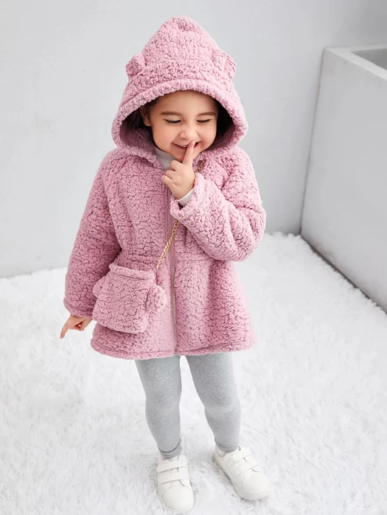 Toddler Girls 3D Ears Design Teddy Hooded Coat With Bag