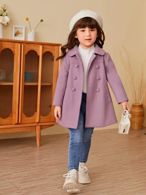 Toddler Girls Double Breasted Slant Pockets Button Coat