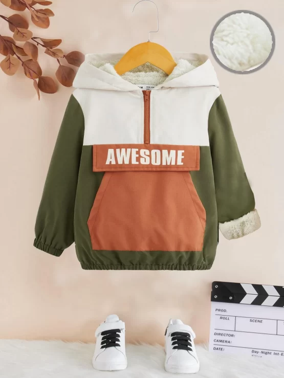 Toddler Boys Letter Graphic Color Block Half Zip Teddy Lined Hooded Jacket