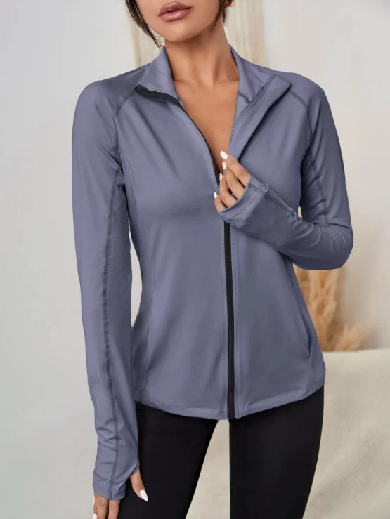 Zip Up Slant Pocket Warming Sports Jacket With Thumb Hole