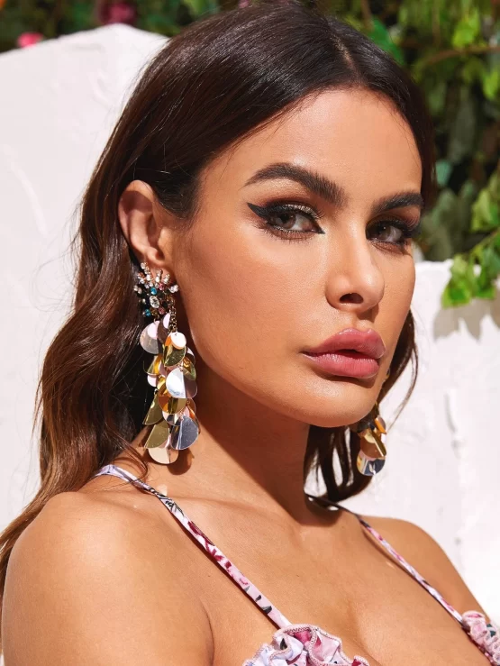 One Pair Colorful Rhinestone Decor Sequin Drop Earrings
