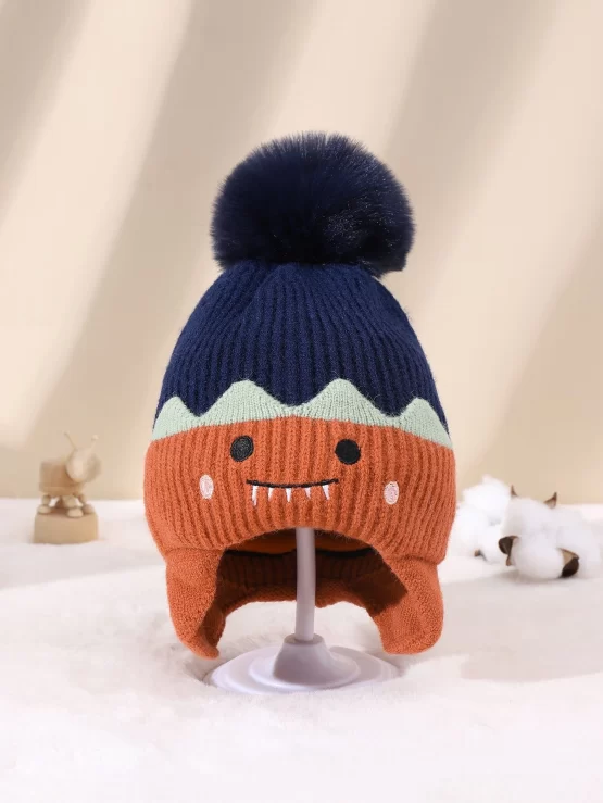 Toddler Kids Cartoon Embroidery Pom Pom Decor Beanie