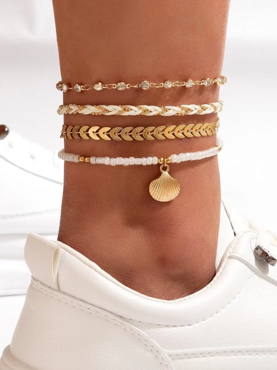 Four Pieces Shell & Rhinestone Decor Anklet