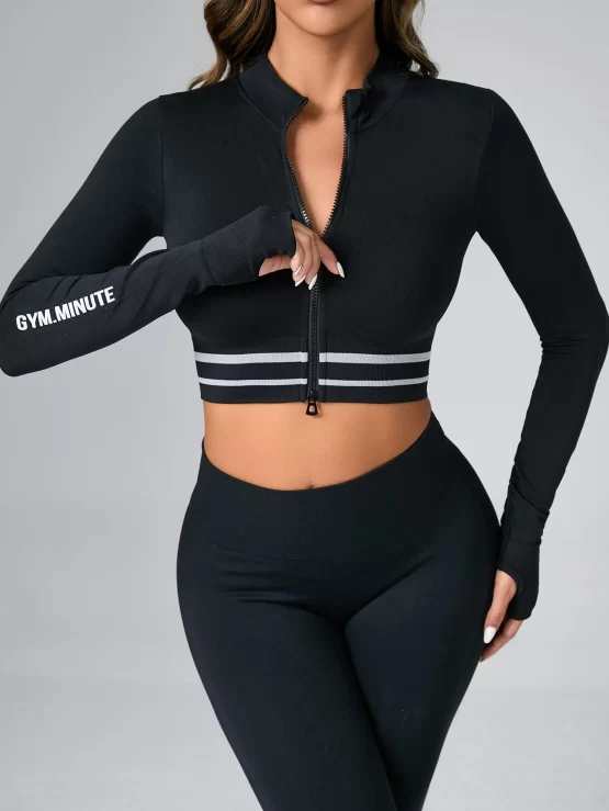 Seamless Striped & Letter Graphic Zipper Sports Jacket