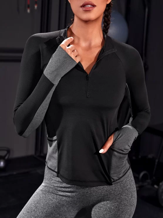 Half Zip Raglan Sleeve Two Tone Sports Sweatshirt With Thumb Hole